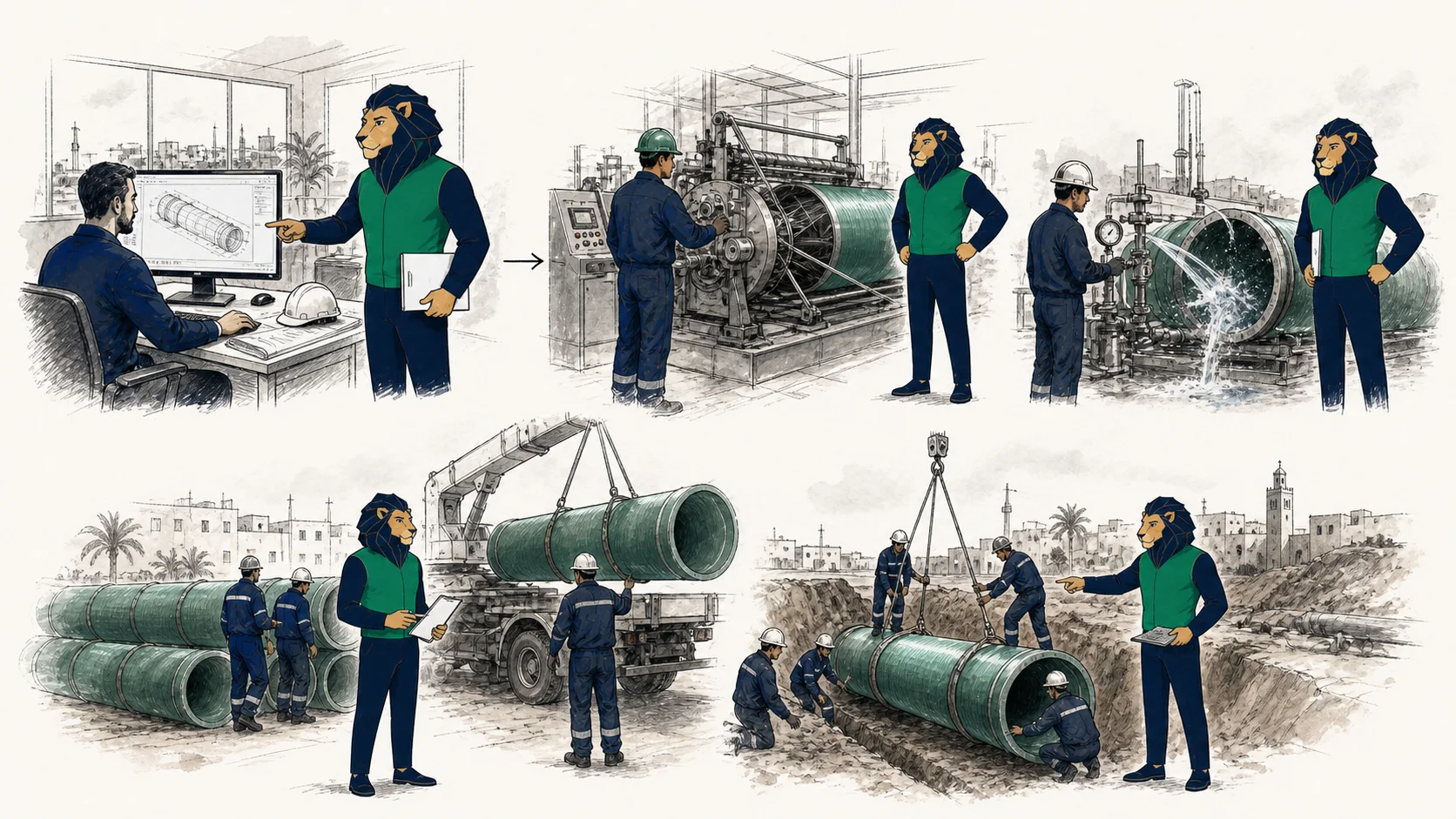 Atlas coordonne la conception, la production, le test, l’installation et la mise en service d’une canalisation composite destinée à l’eau.