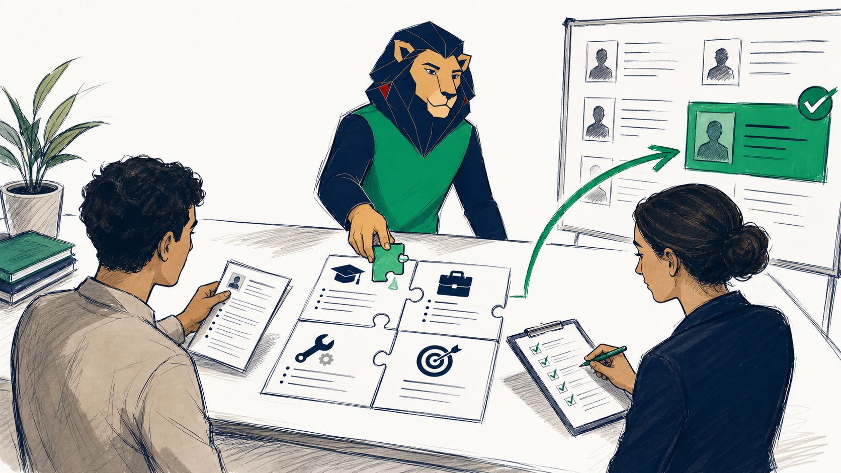 Atlas, une candidate et une conseillère assemblent formation, expérience, compétences et métier cible avant de relier le profil à une offre vérifiée.