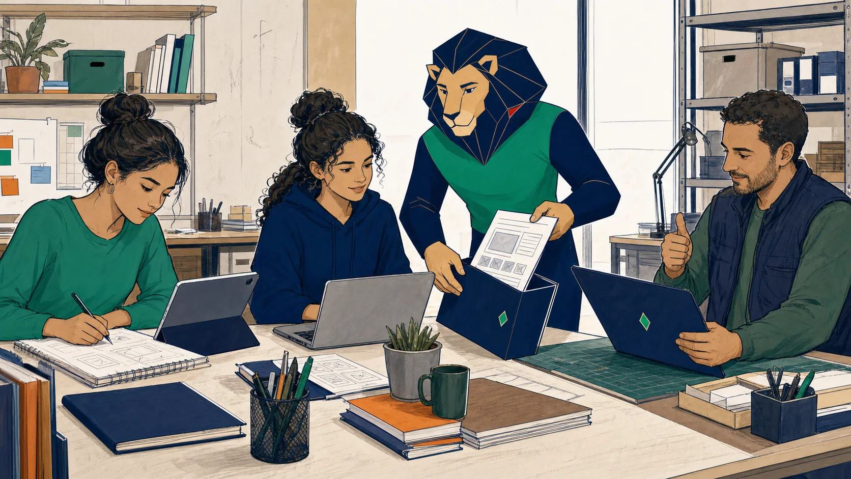 Une jeune candidate apprend puis réalise un projet pendant qu’Atlas place le travail documenté dans un portfolio examiné par un responsable.