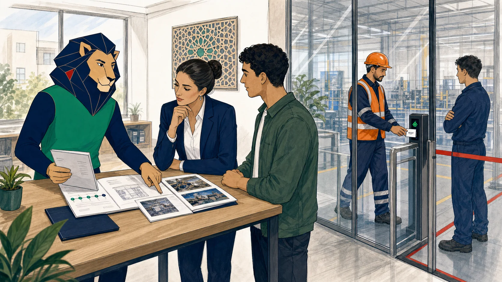 Atlas aide un candidat et une responsable RH à comparer des réalisations proches du poste, tandis qu’un accès industriel reste réservé à un travailleur certifié équipé.