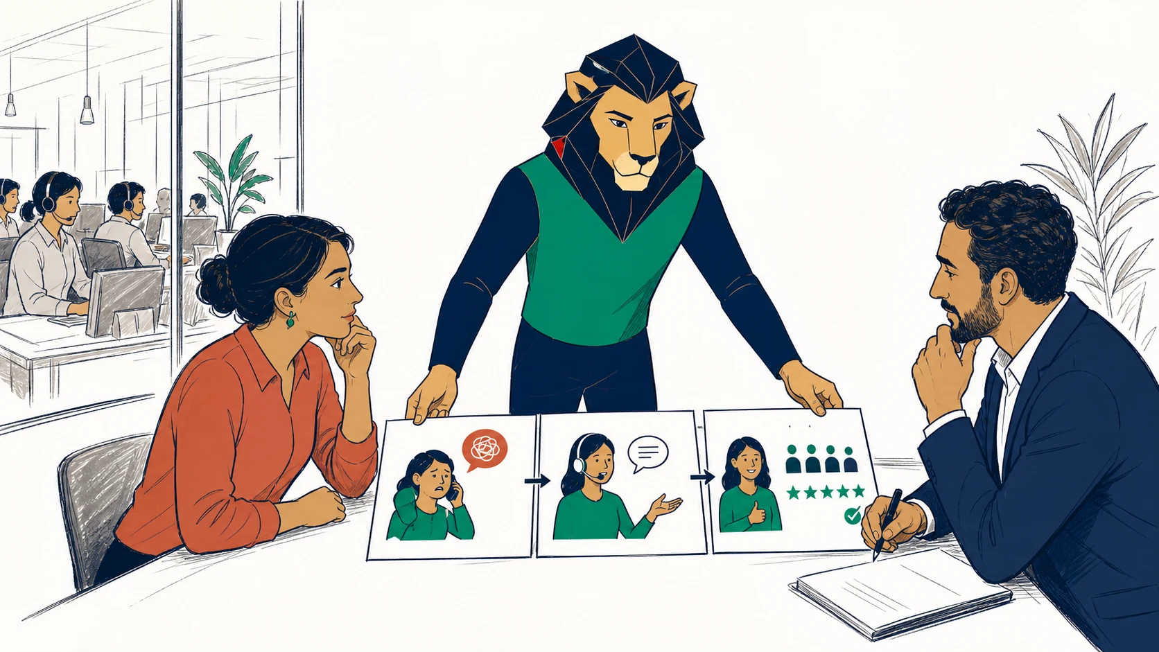 Atlas organise trois scènes successives qui montrent une situation client, l’action de la candidate et le résultat évalué par un recruteur.