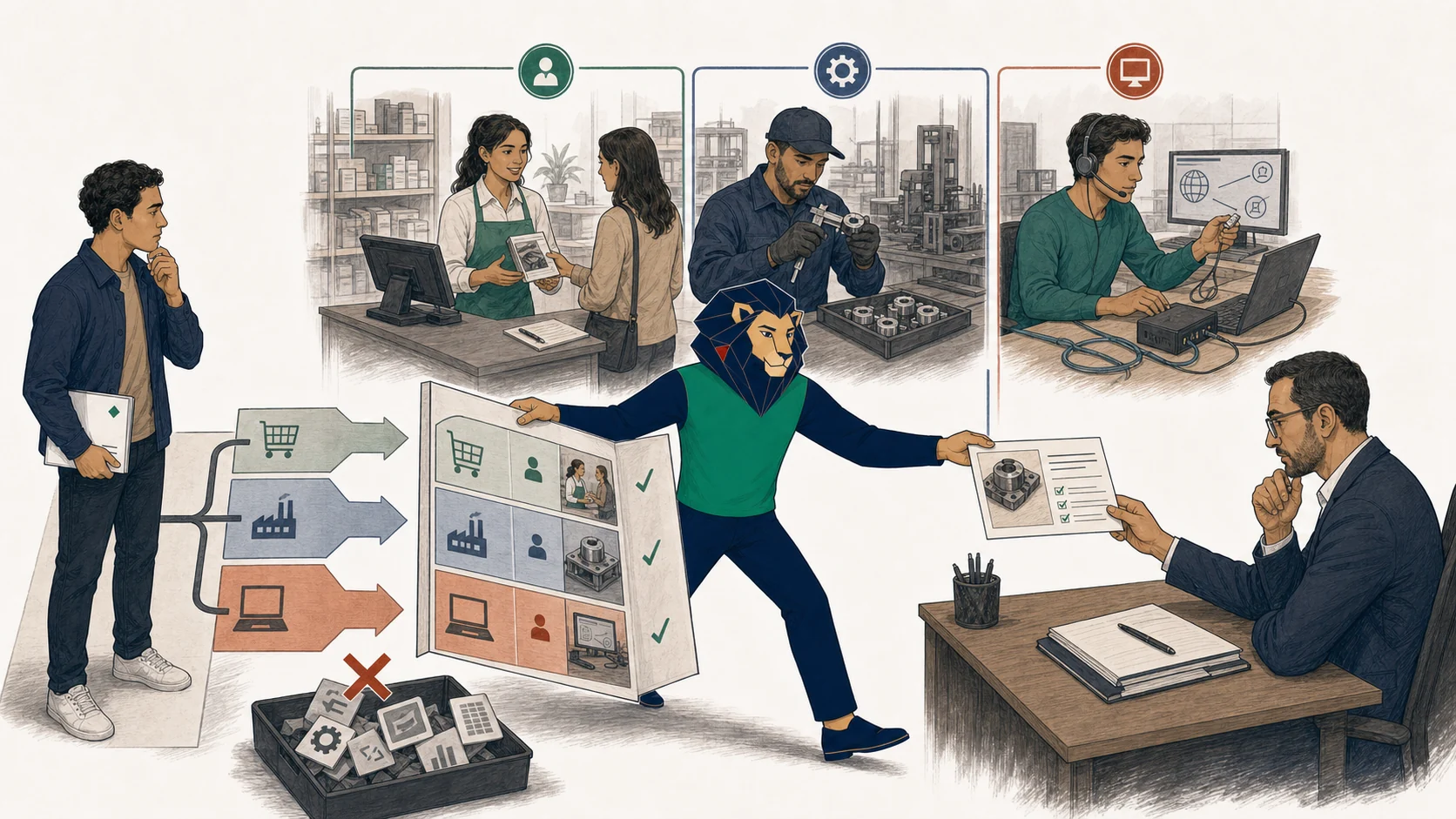 Atlas ouvre trois pistes professionnelles sur des missions réelles en commerce, industrie et support numérique, puis remet une preuve de travail à un recruteur.