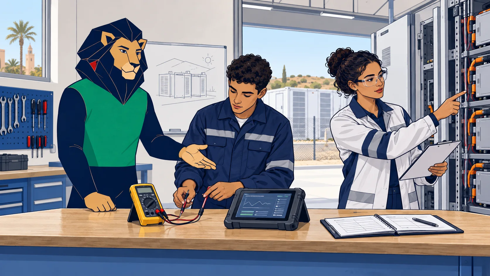 Atlas accompagne une technicienne et un ingénieur qui testent un module de batteries dans un atelier de formation sécurisé.