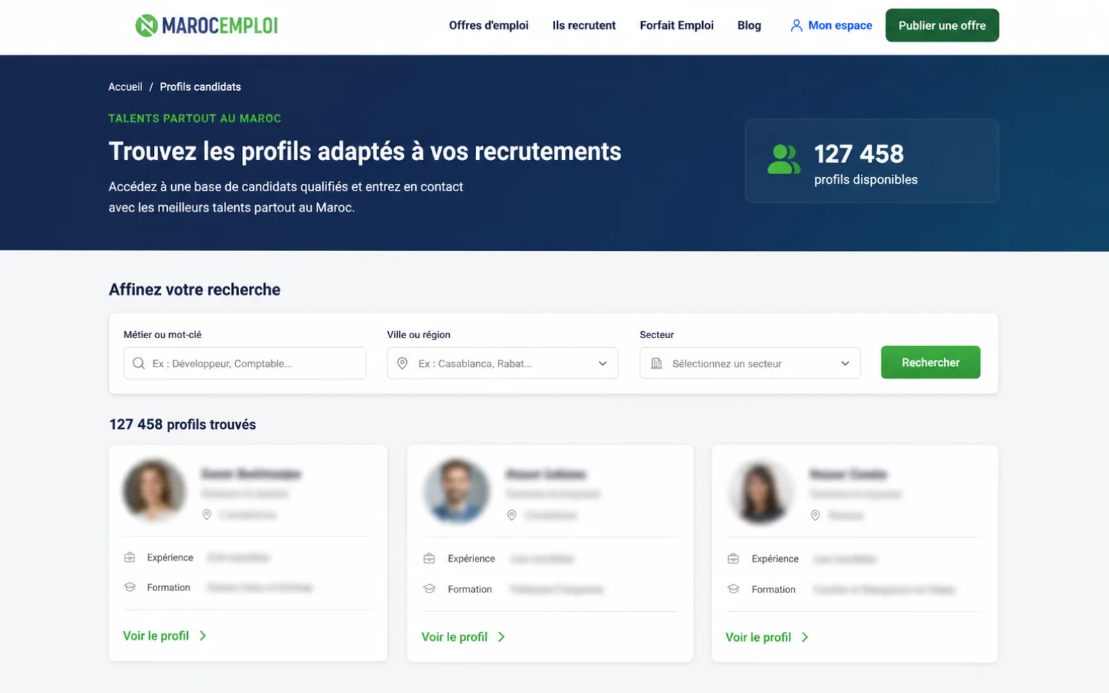 Aperçu anonymisé de l’annuaire de candidats MarocEmploi