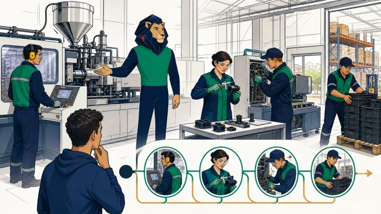 Atlas révèle les métiers de production, maintenance, qualité et logistique d’une unité d’injection plastique.