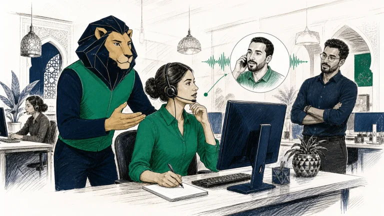 Atlas accompagne une téléconseillère pendant qu’elle écoute, reformule et résout une demande client sous le regard d’un superviseur.